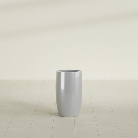 Lisbon tall round tapered fiberglass planter in Metallic Silver, 14 in diameter, 25 in high, shown empty