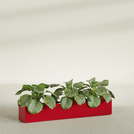 Salon Box fiberglass planter in Gloss Red, shown planted, in a sunlit interior