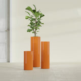 Corry Cylinder fiberglass planter in Gloss Tangerine, size range, in a sunlit interior
