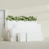 Miami Narrow Rectangular fiberglass planter in Gloss Bright White, size range, in a sunlit interior