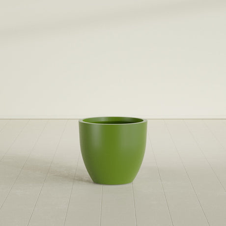 Wannsee Round Planter in Satin Green, 27"D × 24"H, shown empty