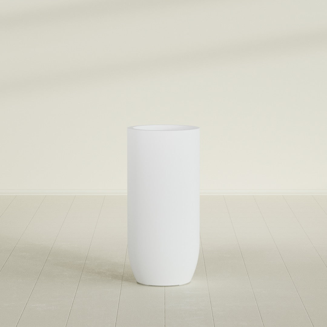 Saint Tropez Bullet Round Planter in Gloss Bright White, 20"D × 43"H, shown empty