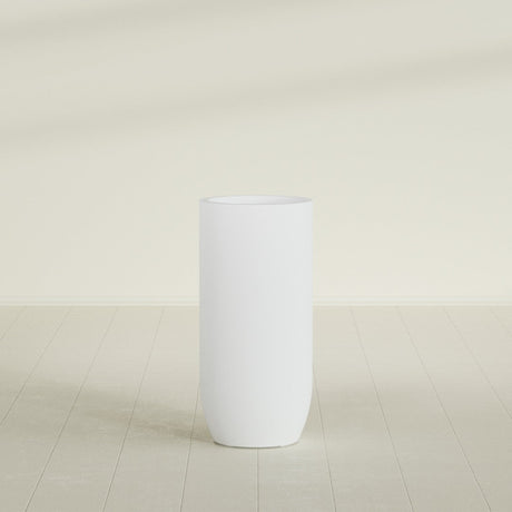 Saint Tropez Bullet Round Planter in Gloss Bright White, 20"D × 43"H, shown empty