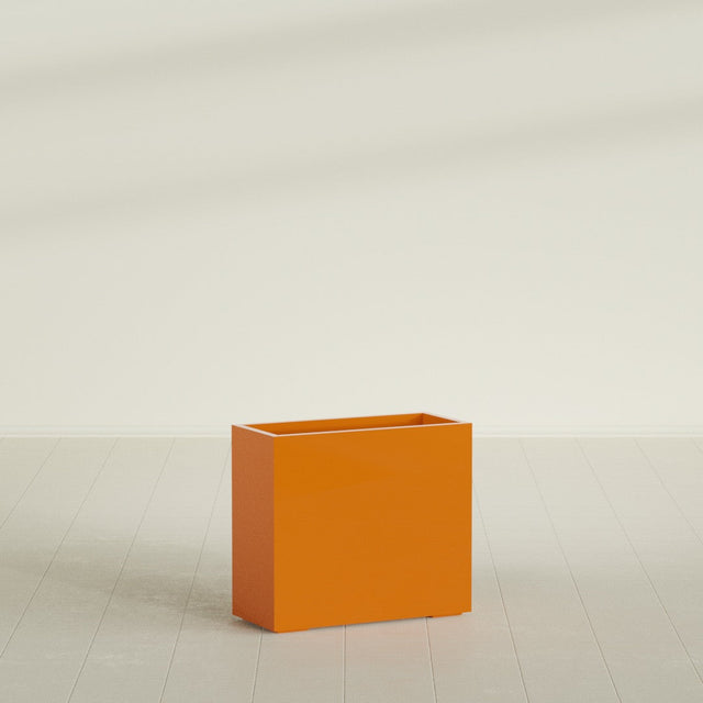 Potsdam Rectangular Planter in Gloss Tangerine, 36"L × 16"D × 32"H, shown empty