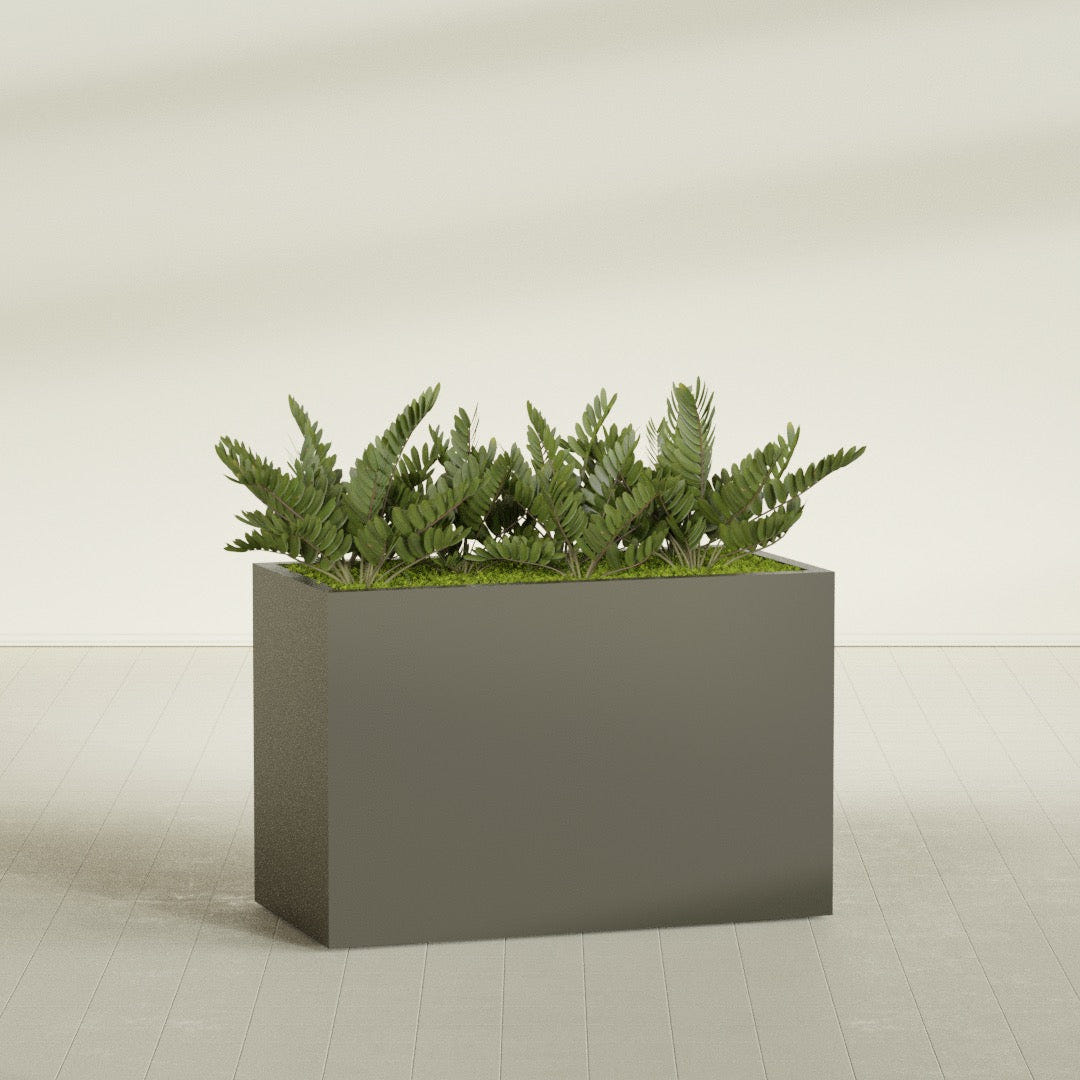 Brisbane Corner fiberglass planter in Matte Bronze, shown planted, in a sunlit interior