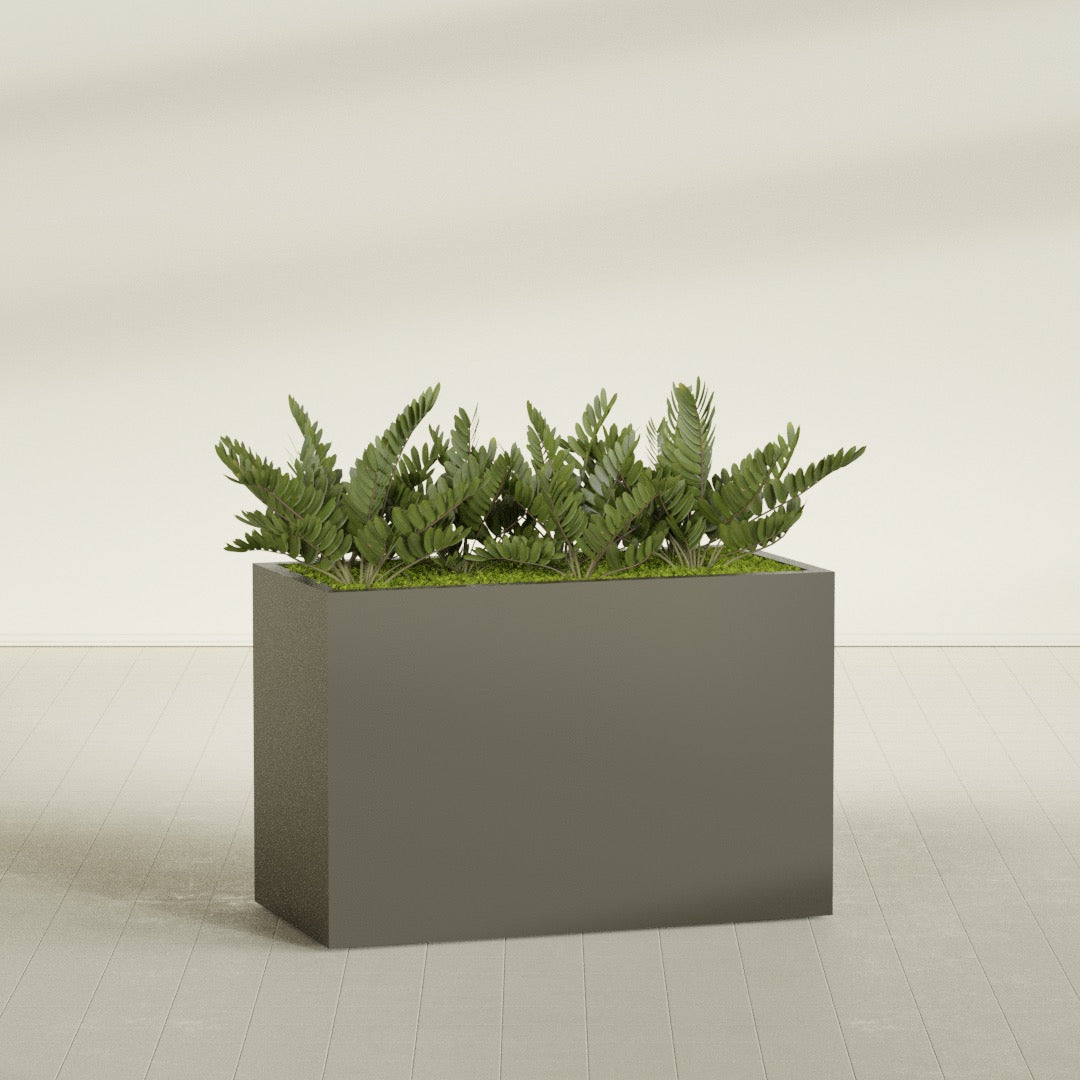 Brisbane Rectangular fiberglass planter in Matte Bronze, shown planted, in a sunlit interior