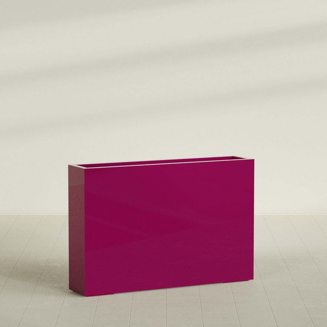 Amesbury Narrow Rectangular Planter in Gloss Eggplant, 48"L × 10"D × 32"H, shown empty