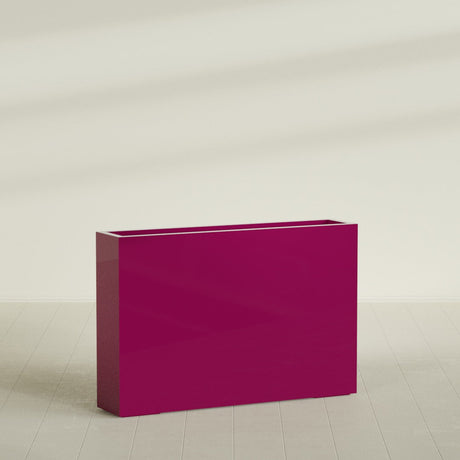 Amesbury Narrow Rectangular Planter in Gloss Eggplant, 48"L × 10"D × 32"H, shown empty