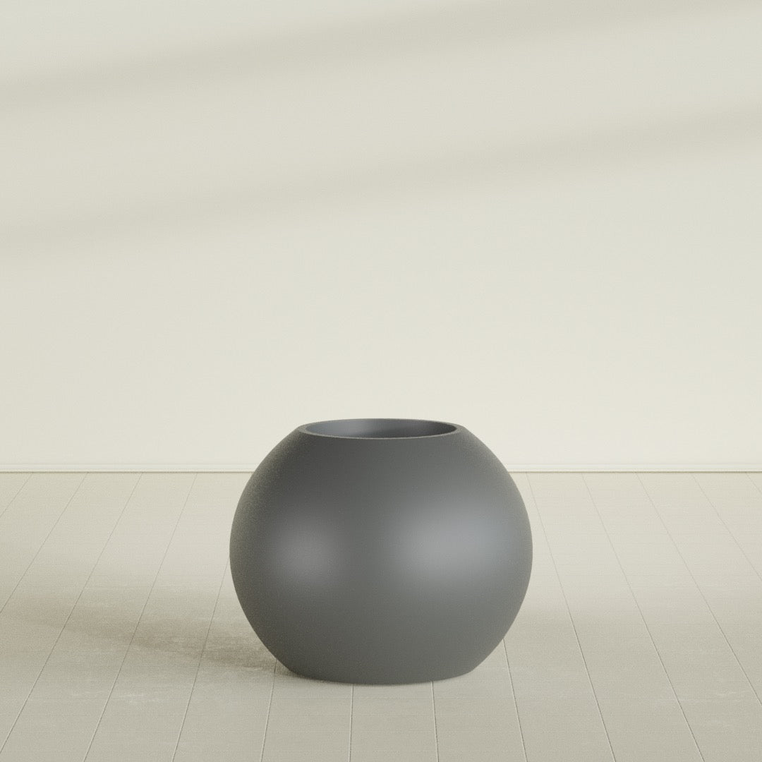 Globe Planter in Matte Gunmetal, 30"D × 24"H, shown empty