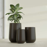 Hayden Urn fiberglass planter in Matte Dark Brown, size range, in a sunlit interior
