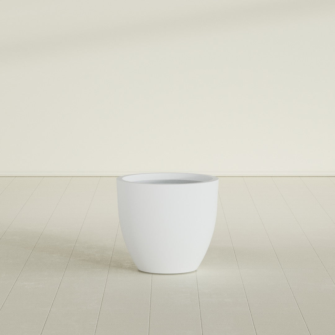 Wannsee Round Planter in Gloss Bright White, 27"D × 24"H, shown empty