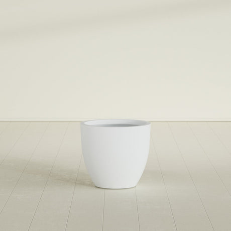 Wannsee Round Planter in Gloss Bright White, 27"D × 24"H, shown empty