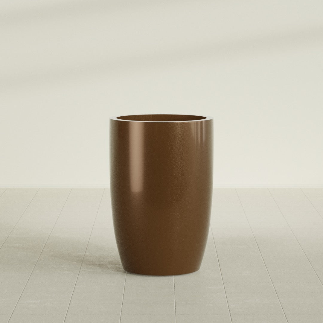Lisbon tall round tapered fiberglass planter in Metallic Bronze, 24 in diameter, 36 in high, shown empty