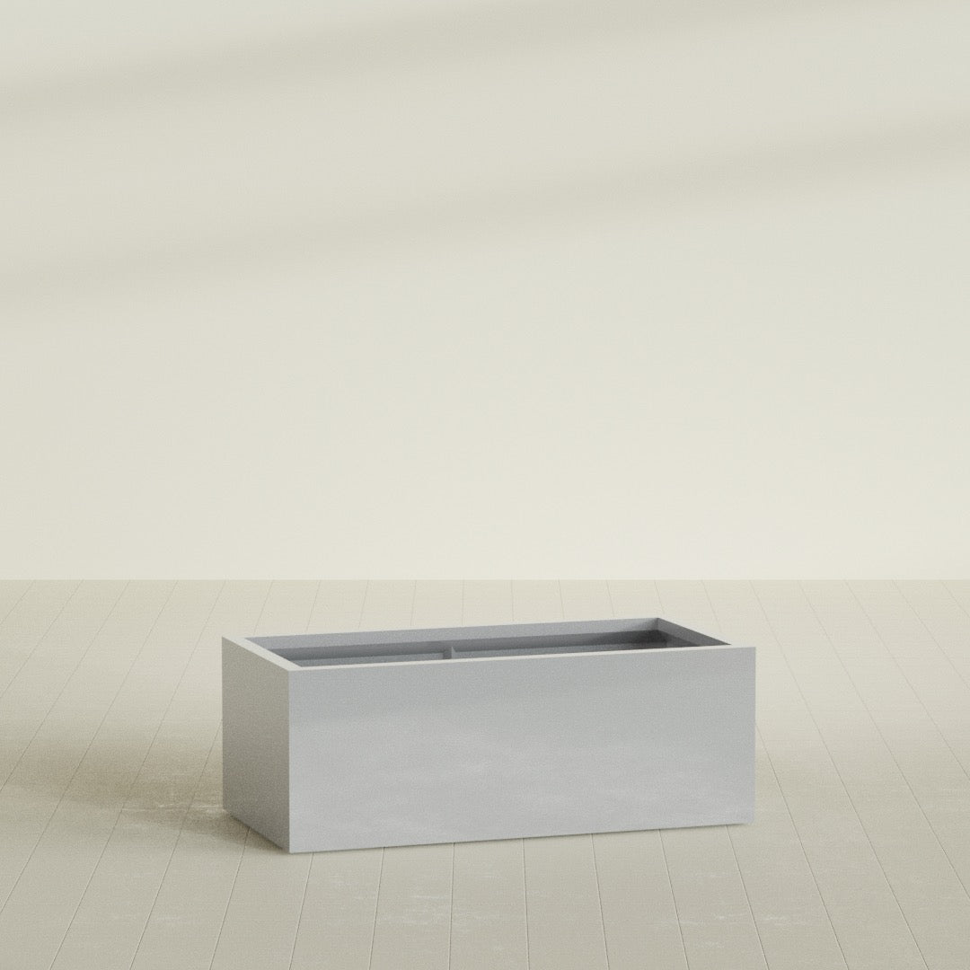 Torino Wide Rectangular Planter in Metallic Silver, 48"L × 24"D × 18"H, shown empty