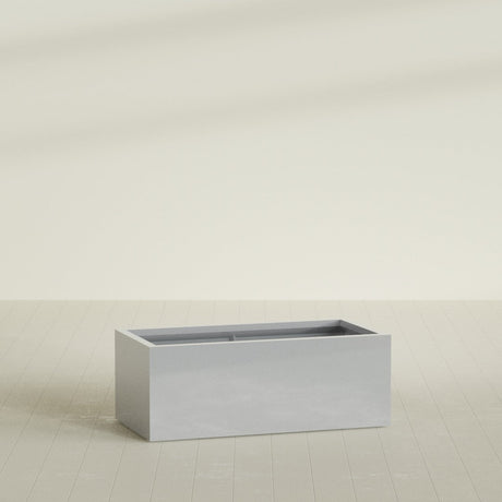 Torino Wide Rectangular Planter in Metallic Silver, 48"L × 24"D × 18"H, shown empty