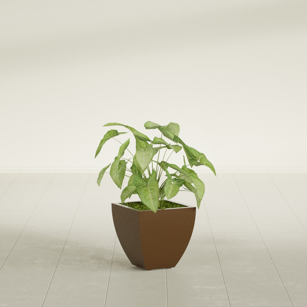 Lima Tapered Square fiberglass planter in Metallic Bronze, shown planted, in a sunlit interior