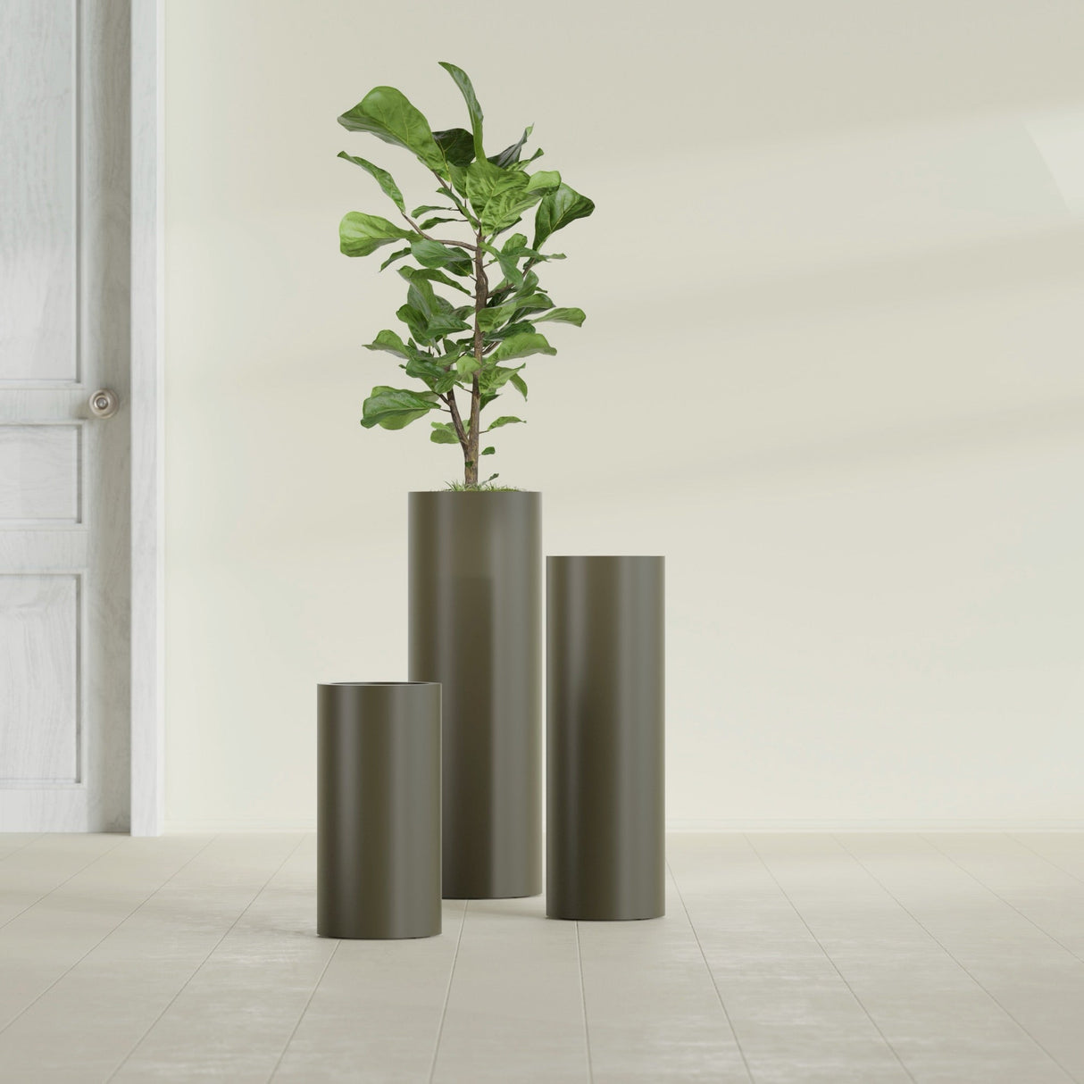 Corry Cylinder fiberglass planter in Matte Bronze, size range, in a sunlit interior