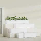 Cuba Low Rectangular fiberglass planter in Matte Bright White, size range, in a sunlit interior