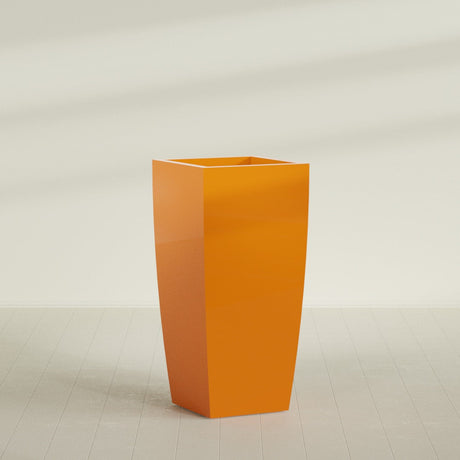 Toulan Tapered Square Planter in Gloss Tangerine, 28"W × 60"H, shown empty