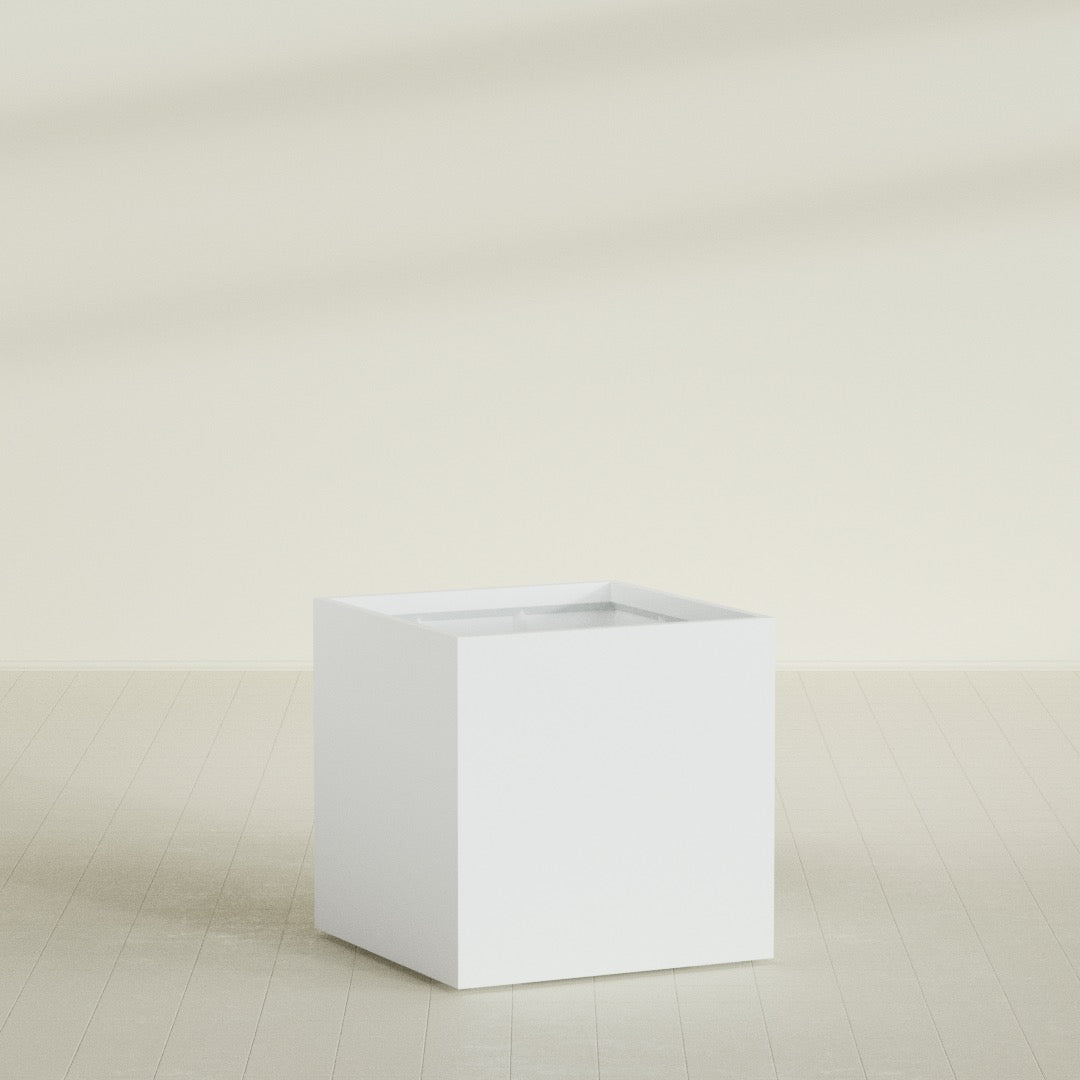 Montroy Cube Planter in Matte Bright White, 40", shown empty