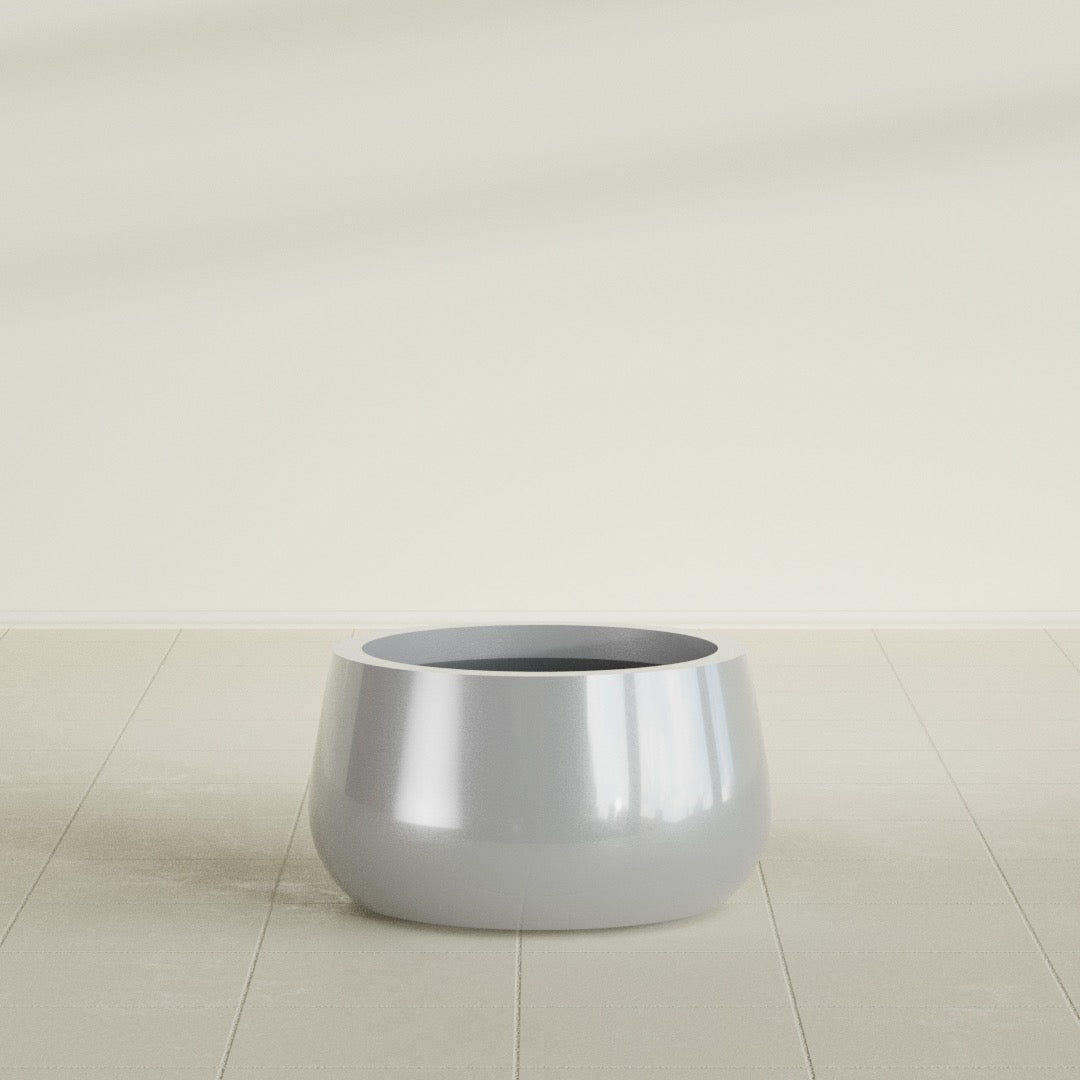 Short Hayden Bowl Planter in Metallic Silver, 16"D × 8"H, shown empty