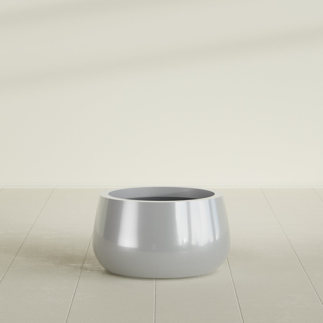 Short Hayden Bowl Planter in Metallic Silver, 16"D × 8"H, shown empty