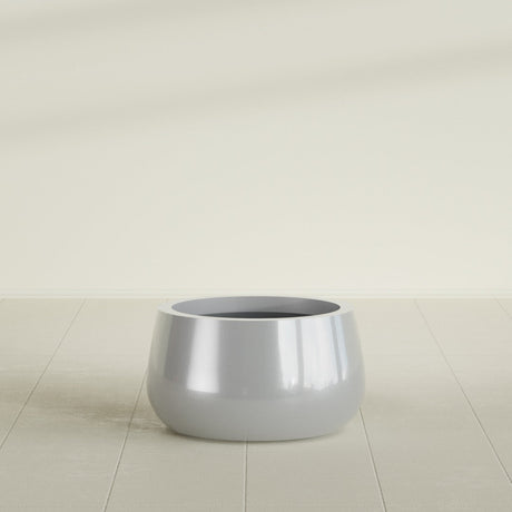 Short Hayden Bowl Planter in Metallic Silver, 16"D × 8"H, shown empty