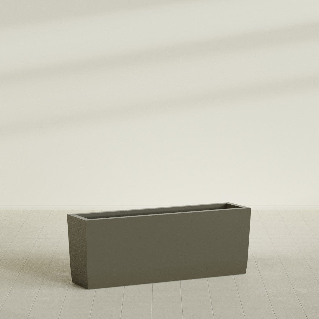 Panama Tapered Rectangular Planter in Matte Bronze, 48"L × 12"D × 18"H, shown empty