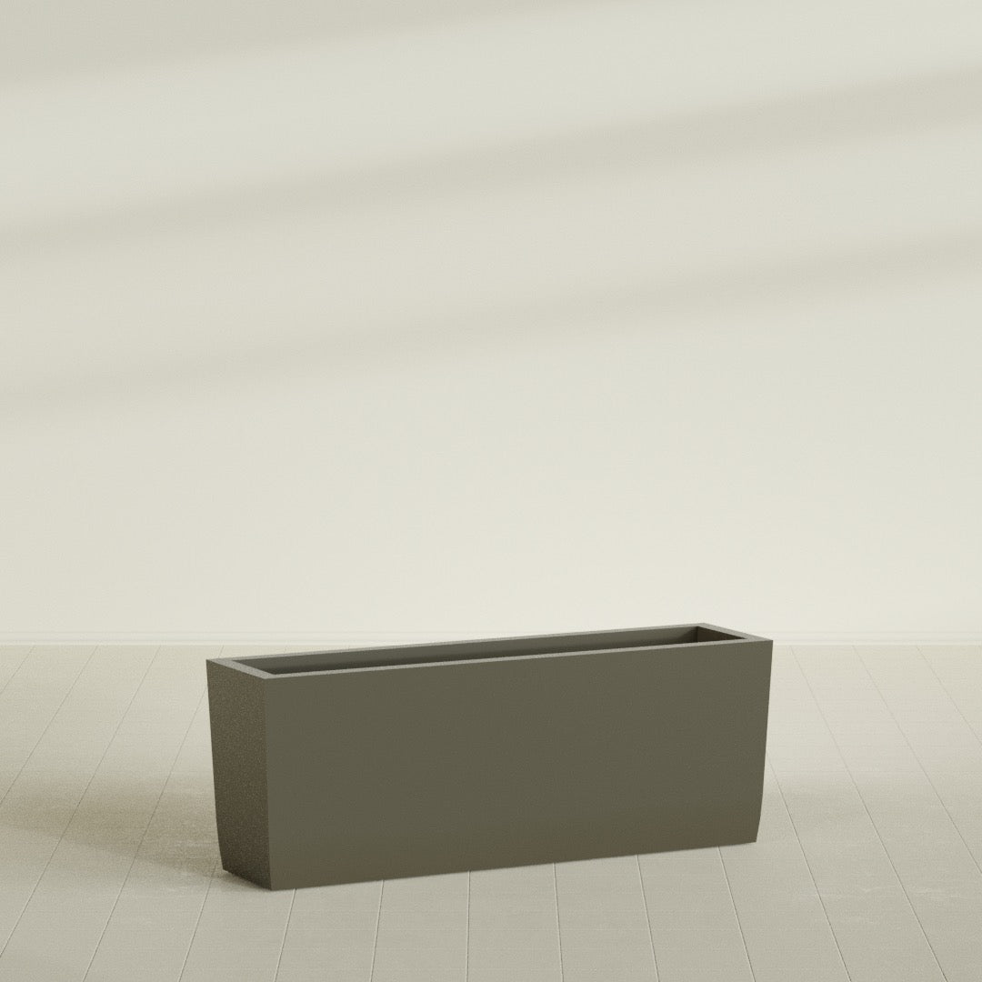 Panama Tapered Rectangular Planter in Matte Bronze, 48"L × 12"D × 18"H, shown empty