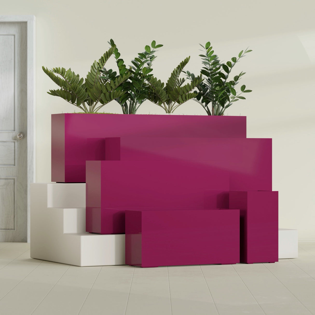 Hollywood Narrow Rectangular fiberglass planter in Gloss Eggplant, size range, in a sunlit interior