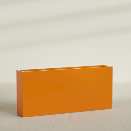 Delray Rectangular Planter in Gloss Tangerine, 72"L × 12"D × 32"H, shown empty