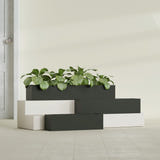 Monaco Rectangle fiberglass planter in Matte Charcoal, shown planted, in a sunlit interior