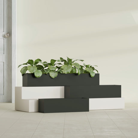 Monaco Rectangle fiberglass planter in Matte Charcoal, shown planted, in a sunlit interior