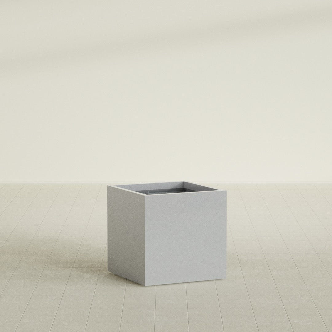 Montroy Cube Planter in Metallic Silver, 28", shown empty