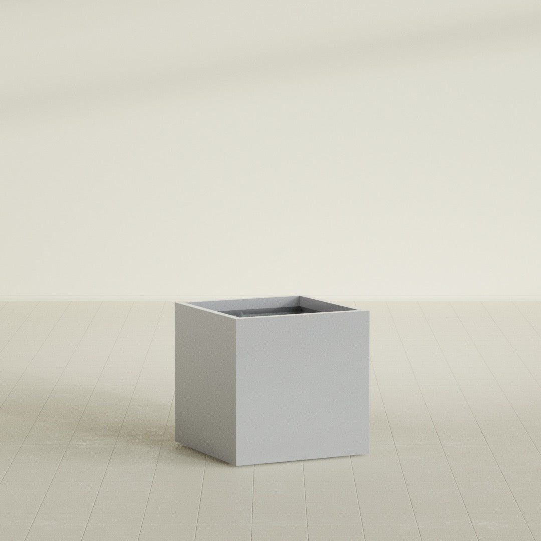 Montroy Cube Planter in Metallic Silver, 28", shown empty