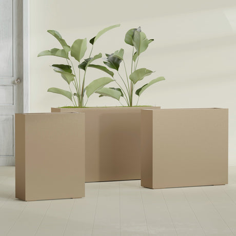 Amesbury Narrow Rectangular fiberglass planter in Gloss Metallic Gold, size range, in a sunlit interior