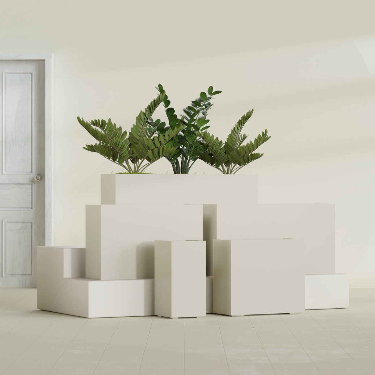 Potsdam Corner fiberglass planter in Satin Beige, size range, in a sunlit interior