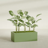 Torino Wide Rectangular fiberglass planter in Satin Green, planted, in a sunlit interior