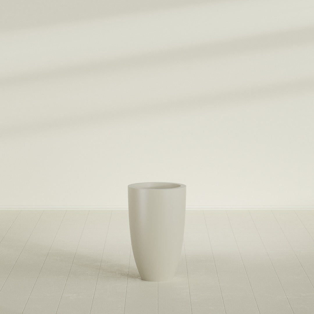 Brannan Tapered Round Planter in Satin Beige, 18"D × 29"H, shown empty