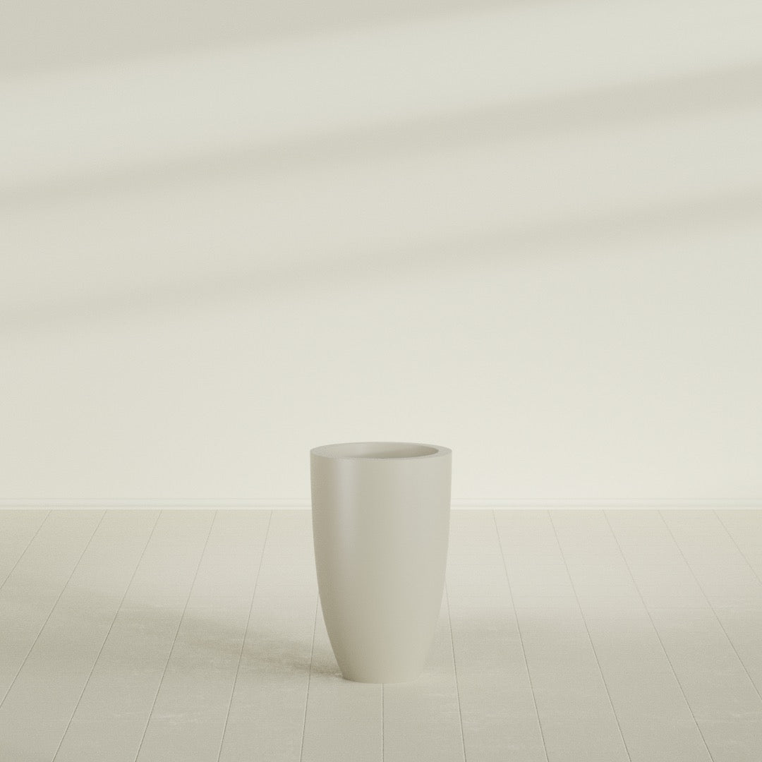 Brannan Tapered Round Planter in Satin Beige, 18"D × 29"H, shown empty