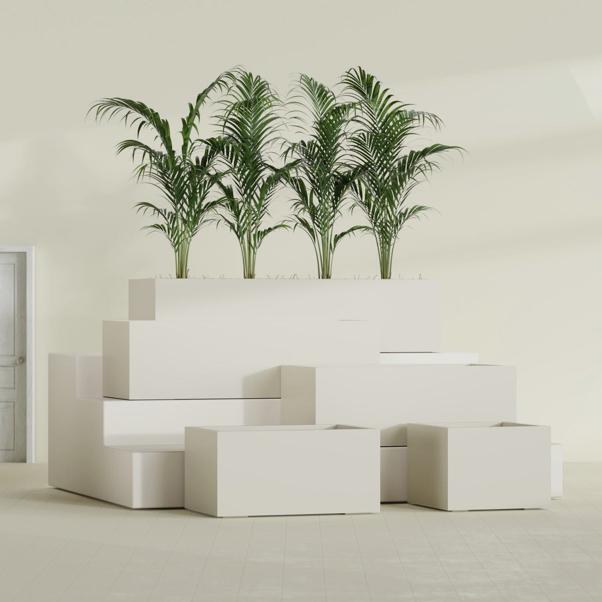 Torino Wide Rectangular fiberglass planter in Satin Beige, size range, in a sunlit interior