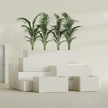 Torino Wide Rectangular fiberglass planter in Satin Beige, size range, in a sunlit interior