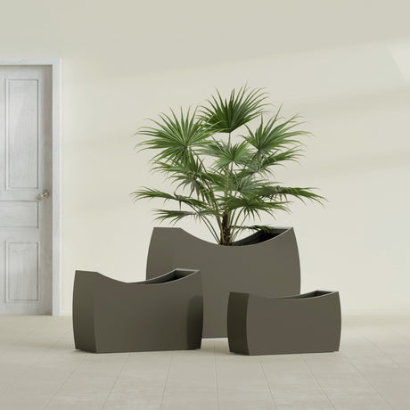 Seoul Curved fiberglass planter in Matte Bronze, size range, in a sunlit interior