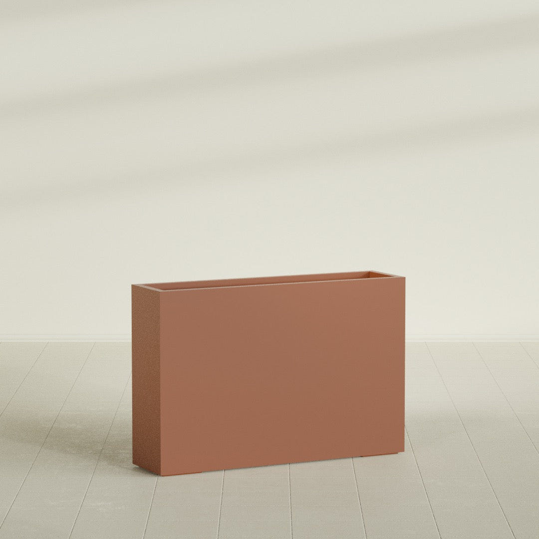 Delray Rectangular Planter in Matte Terra Cotta, 48"L × 12"D × 32"H, shown empty