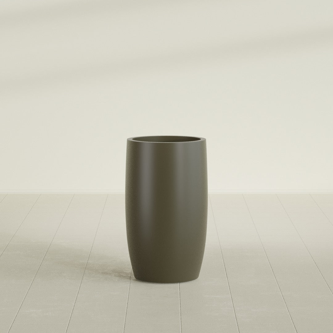 Lisbon tall round tapered fiberglass planter in Matte Bronze, 18 in diameter, 32 in high, shown empty