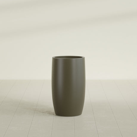 Lisbon tall round tapered fiberglass planter in Matte Bronze, 18 in diameter, 32 in high, shown empty