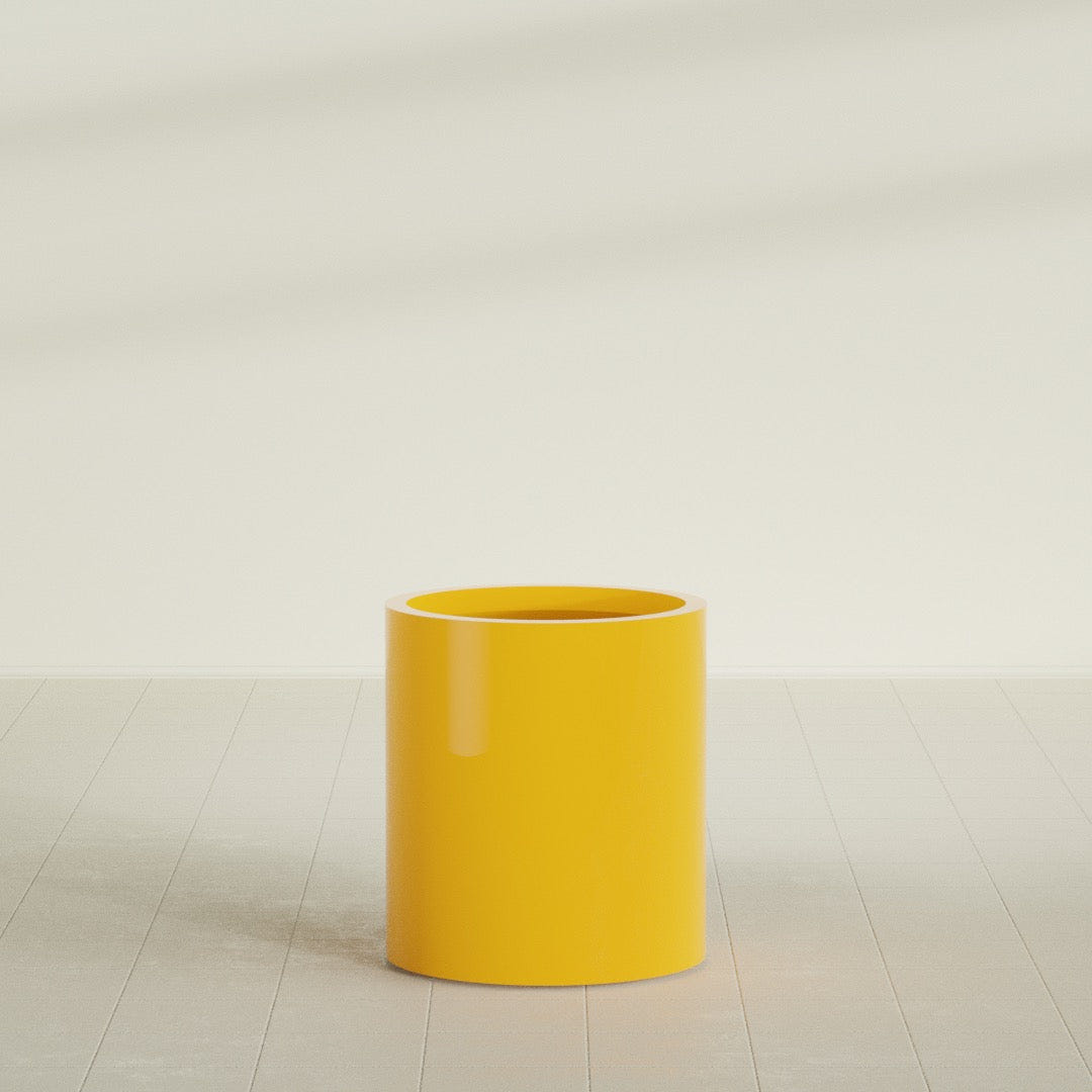 Rio Grande Cylinder Planter in Gloss Saffron, 18"D × 20"H, shown empty