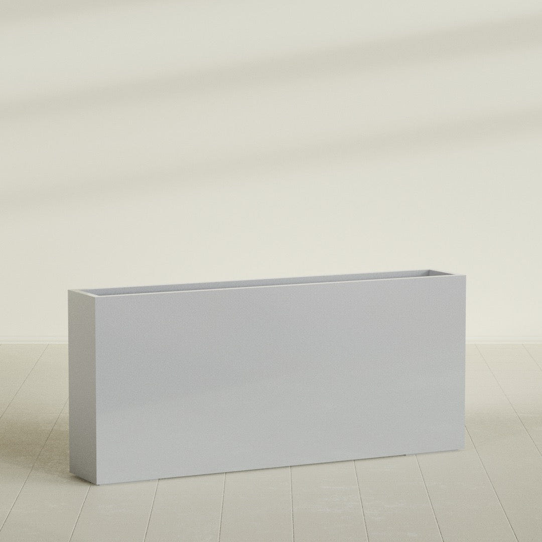 Delray Rectangular Planter in Metallic Silver, 72"L × 12"D × 32"H, shown empty