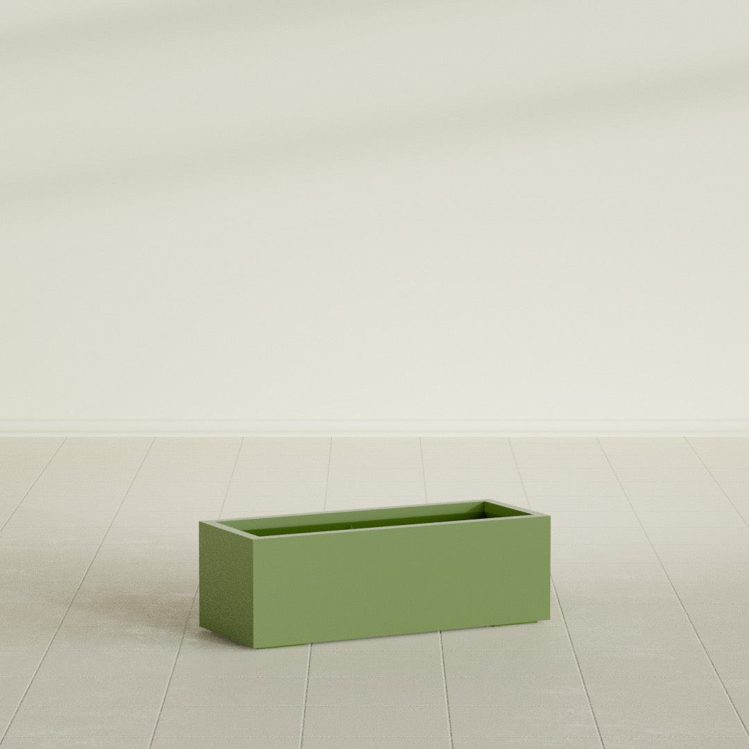 Cuba Low Rectangular Planter in Satin Green, 36"L × 14"D × 12"H, shown empty