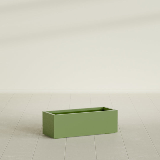 Cuba Low Rectangular Planter in Satin Green, 36"L × 14"D × 12"H, shown empty